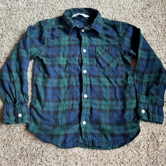 H&M Boys Kids Button Up Shirt Blue Green Flannel 6 Medium - Picture 3 of 6